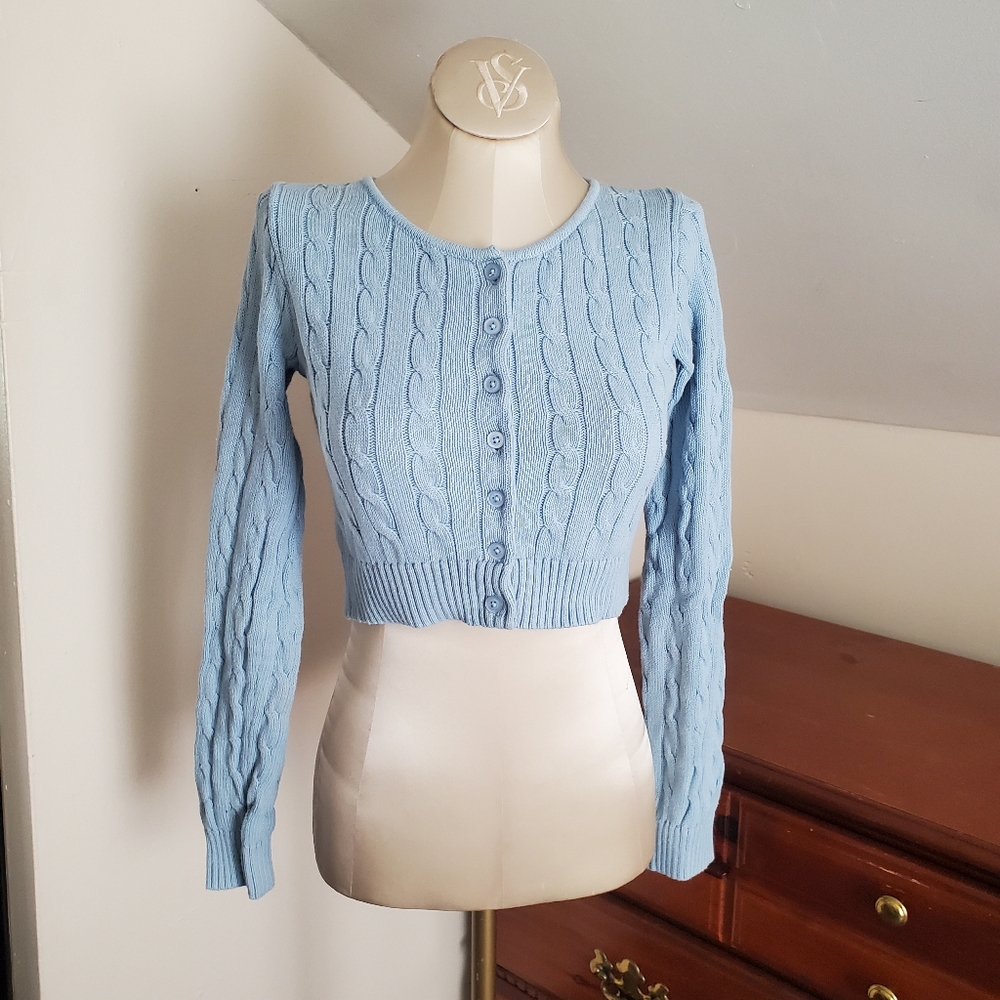 Brandy Melville Light Blue Cable-Knit Cropped Cardigan